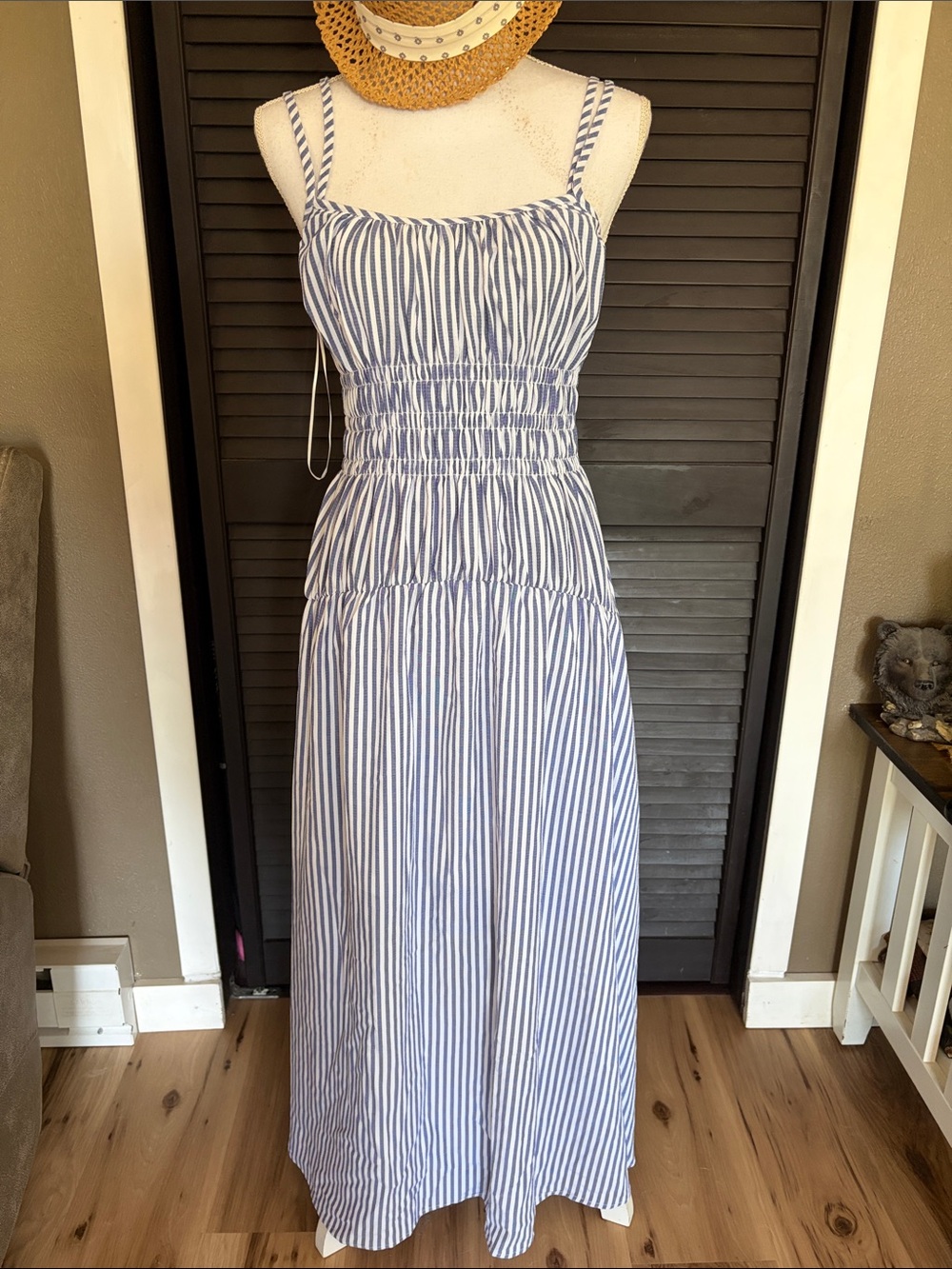 Blue and White Striped Maxi Sundress with Smocked Waist